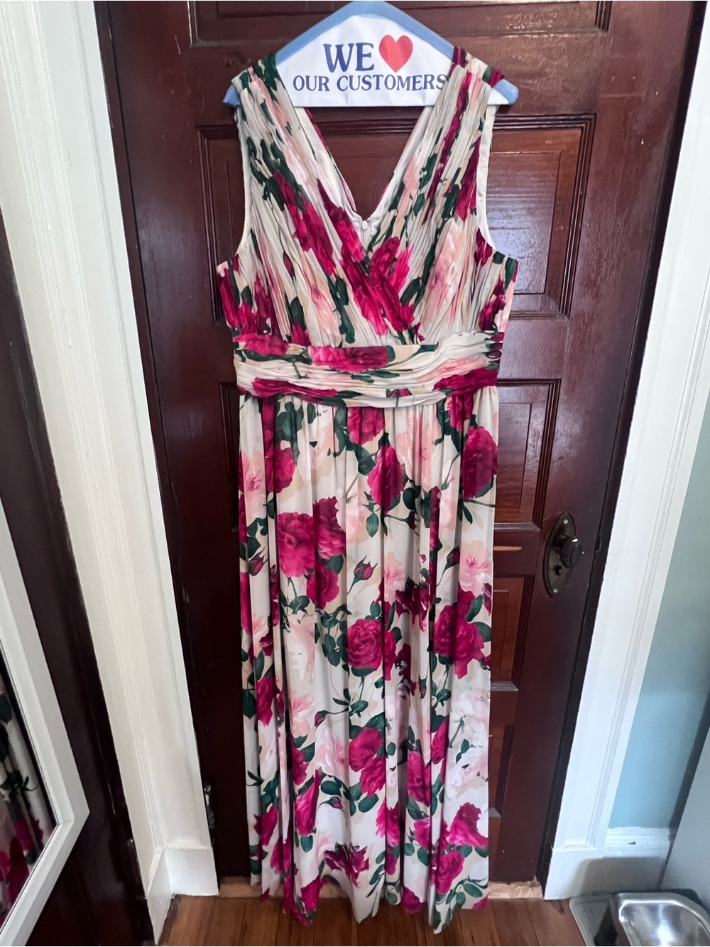 Calvin Klein Cream Maxi Dress with Pink Floral and Green Leaves
